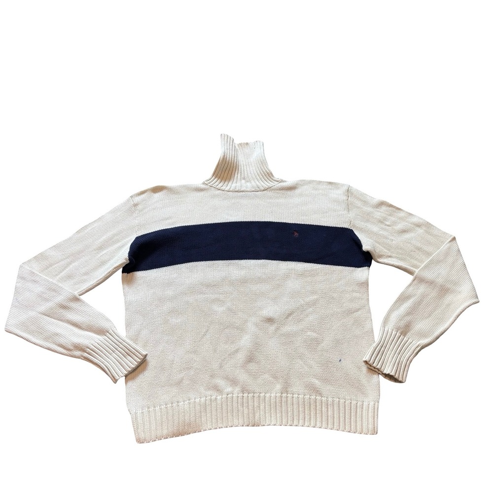 Polo Ralph Lauren Mens Turtleneck Sweater Cream Navy Blue‎ Stripe Cotton Size M